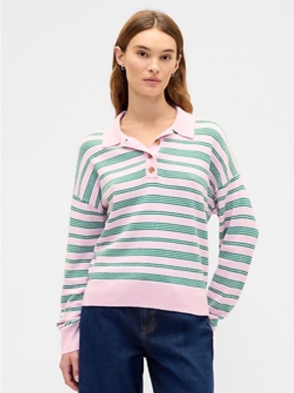 Gap CashSoft Relaxed Women's Pink and Green Striped Polo Cotton Blend Sweater S